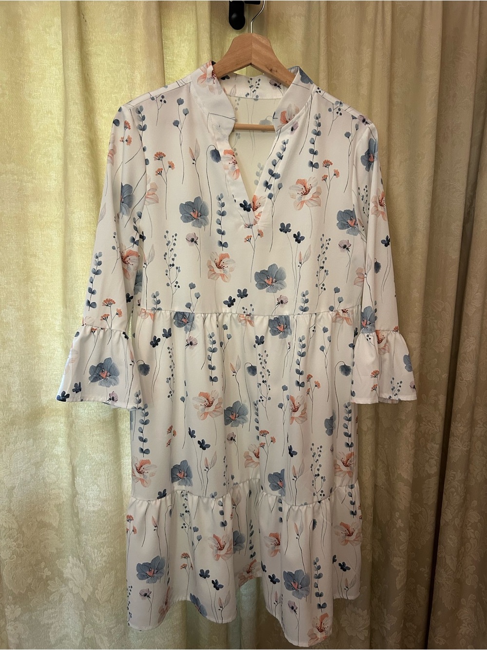 Floral Tiered Midi Dress in White with Blue & Pink Flowers